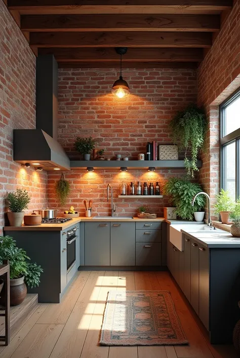 A kitchen with a 6 by 5 meter brick wall where the living room is also located 