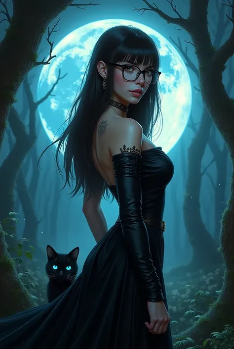 a witch with a hat under the full moon in a forest white skin light brown eyes big nose thick lips with black square rim glasses straight waist length dark brown hair with a crown tattoo on the right side of her chest beautiful build big butt with her blac...