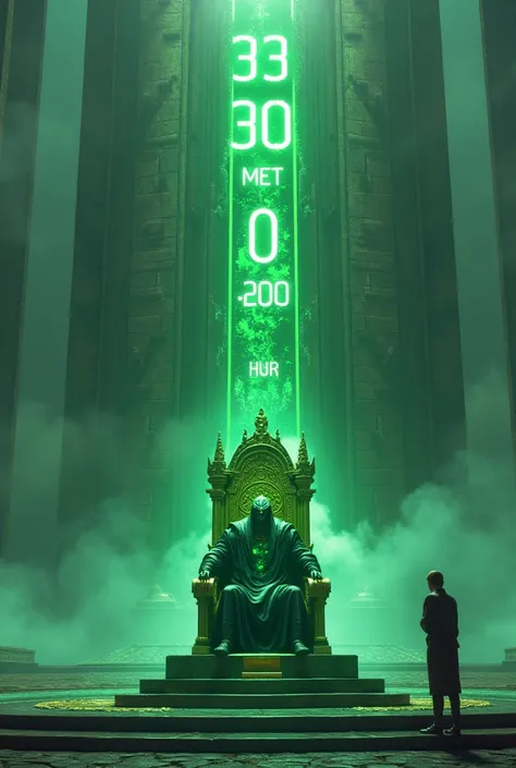 Draw a giant timer showing 3-HOURS with a person looking down and in front of the giant timer a throne with a very powerful green being with a crown 