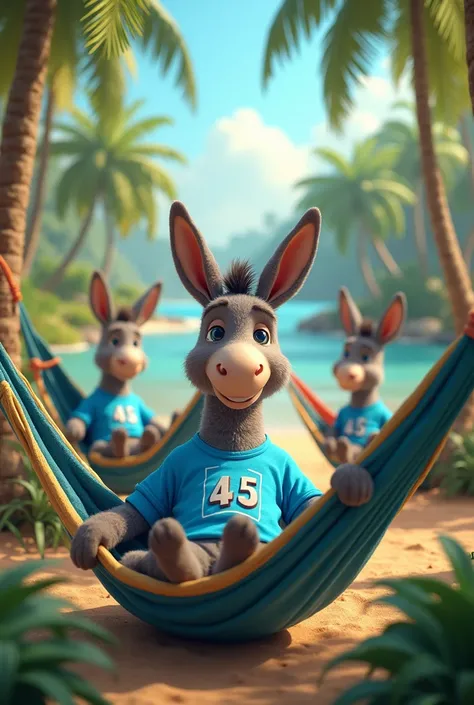 a donkey with a blue shirt with the number 45, lying in a hammock with several blue donkeys near him