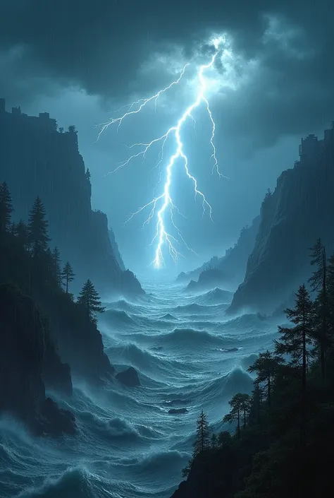 An extremely realistic and dramatic simulation of a devastating flood, with thunderous roars and intense lightning illuminating the scene. The image depicts an apocalyptic scenario with gigantic waves submerging cities, trees, and mountains under an unrele...