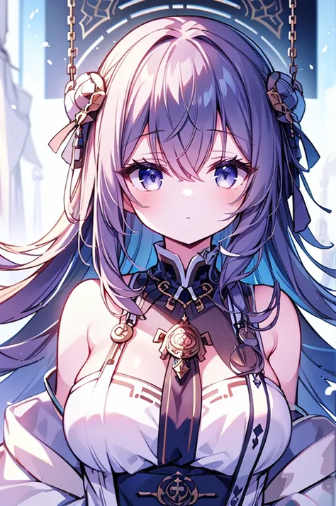 1 girl close up on face, beautiful and aesthetic, gorgeous, masterpiece, Best Quality, fantastic atmosphere, Soothing palette, Quiet, Soft shading, priestess with many chains around her body