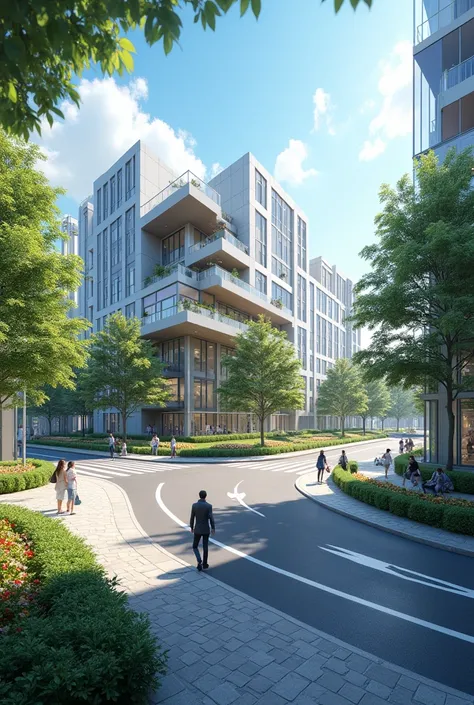 Irregular crossing, right side town hall with contemporary architecture elevated on stilts, below large garden with small trees and benches. Other side of the intersection concept stores co. glass facades, tall trees providing shade,  colorful flower garde...