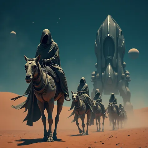 A futuristic caravan traverses a desolate, extraterrestrial desert. The riders identity and purpose remain enigmatic, The caravan is composed of biomechanical creatures resembling camels, The caravans mounts are a blend of organic and mechanical elements, ...