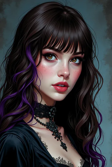 COMIC ART 90&#39;S Adult woman with white skin, thin nose, wide harmonious face, vampire debt light freckles on face, brown wavy hair, straight bangs AND A PURPLE STRAND and gothic clothes, darkness background