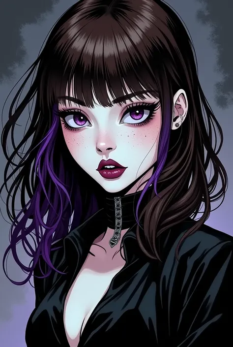 COMIC ART 90&#39;S Adult woman with white skin, Thin nose wide face, harmoniously prominent cheeks, vampire tooth light freckles on face, brown wavy hair, straight bangs AND A PURPLE STRAND and gothic clothes, darkness background