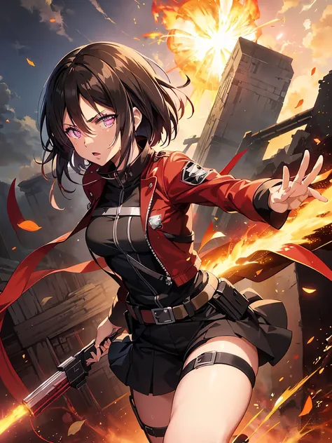 "a character who is the fusion of **mikasa ackerman** de attack on titan e **hibana** de fire force. she has mikasa&#39;s short,...