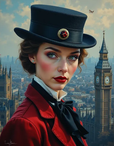 A perfect portrait picture of an enigmatic nany Mary Poppins [Julie Andrews:Emily Blunt:0.5] with aerial background of London, insanely detailed and intricate, realistic style oil on canvas painting, Don Lawrence Style