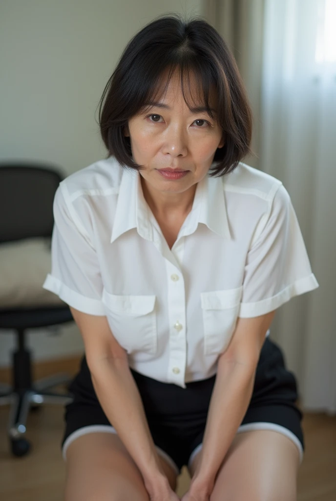 japanese woman in her 50s , buxom figure, large breasts, thick vaginal hair, slatternly figure, facial wrinkles, squatting, white panties, black skirt, office lady, buttocks, white shirt, frontal angle of view, 1 boy, pennis, handjob, nsfw