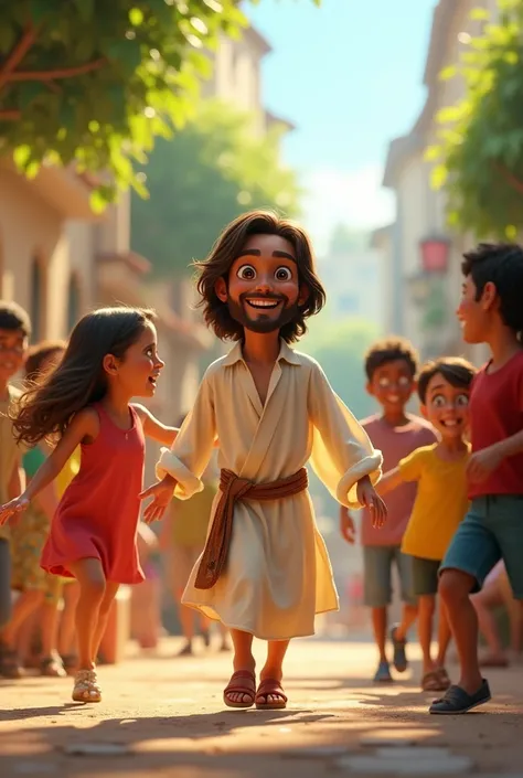 A 3D movie poster in Disney-Pixar style of Jesus as a  teenager playing with his friends.