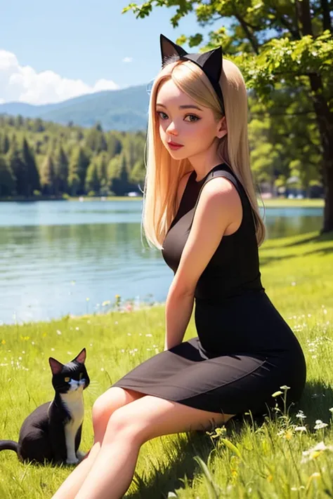 A beautiful woman named Majara Huber has long, beautiful blonde hair and is wearing an elegant cat-themed headband. She is dressed in a stylish black sleeveless dress and is relaxing on a meadow by the lake.