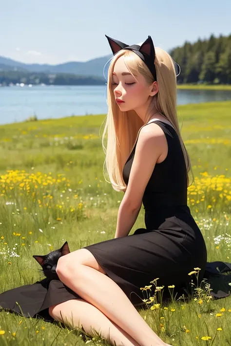 A beautiful woman named Majara Huber has long, beautiful blonde hair and is wearing an elegant cat-themed headband. She is dressed in a stylish black sleeveless dress and is peacefully sleeping on a meadow by the lake.