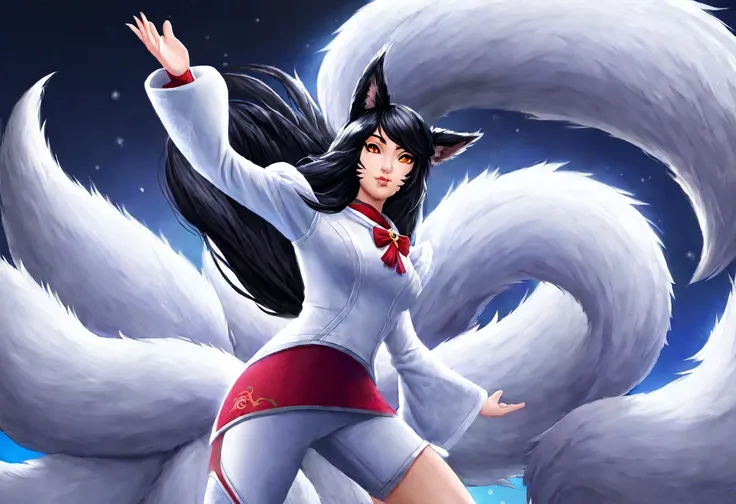 ahri, ahri_(league_of_legends), 1girl, absurdres, animal_ears, black_hair, detached_sleeves, distr, facial_mark, fox_ears, fox_t...