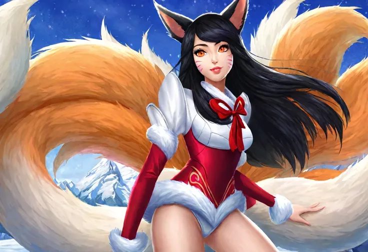 ahri, ahri_(league_of_legends), 1girl, absurdres, animal_ears, black_hair, detached_sleeves, distr, facial_mark, fox_ears, fox_t...