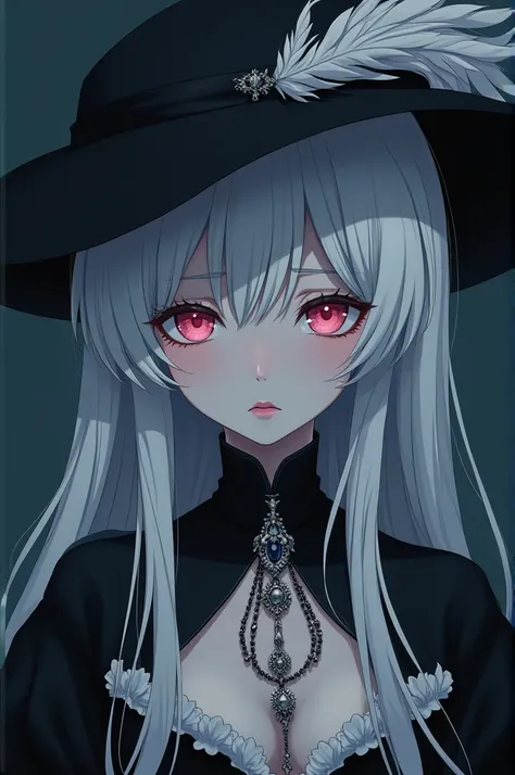 Dark and melancholic anime style, woman with small eyes and sad expression, White hair, white eyelashes, very pale albino girl with pink eyes but very pale and dark. Feather hat partially covering her face and elegant clothes of a duchess full of silver ac...