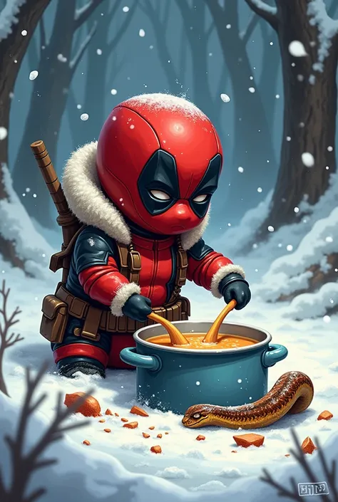 Baby Deadpool in a blizzard making soup and several pieces of a dead snake

