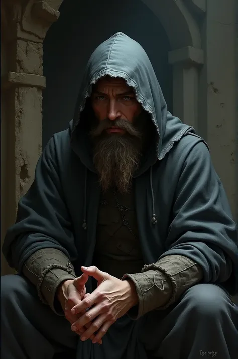 Bearded man sitting with hood thinking