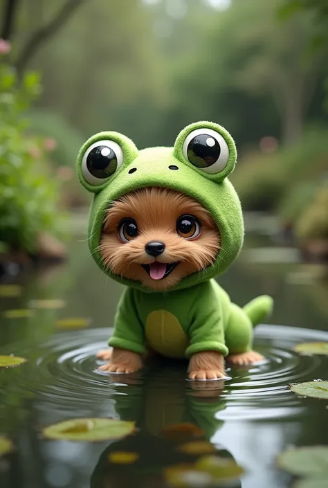 puppy　cute　Frog costume　Pond Background　Real