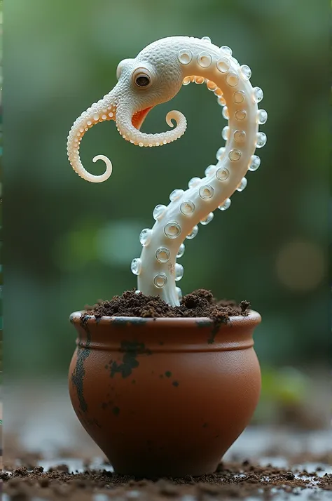 A small thin tentacle of an octopus sprouting in a flower pot