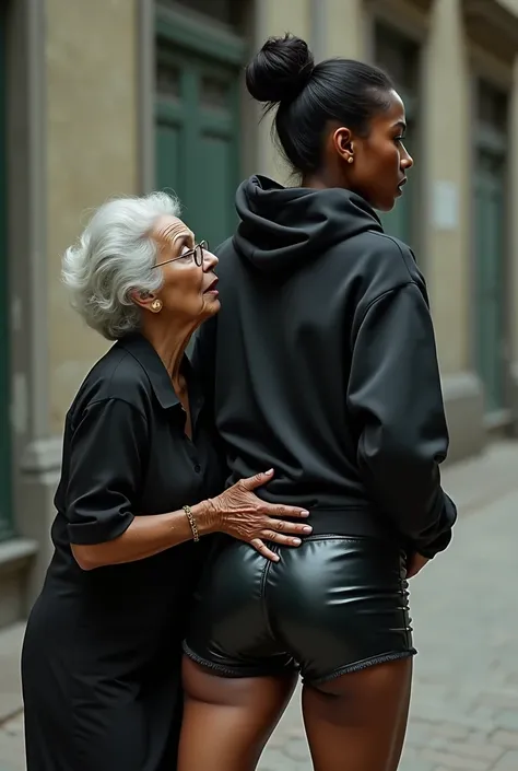 black woman hair in a bun black hoodie black leather short shorts rea;;y in shock as a old grandma in a dress on her knees kissing her ass behind her hand is in her ass holding her ass
