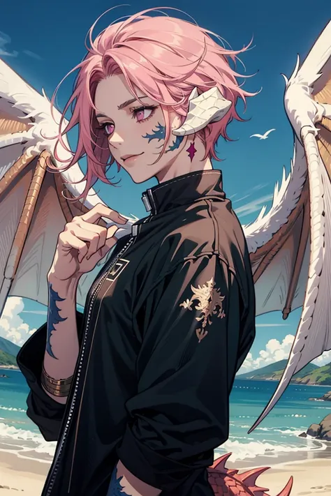 man, short, happy, pink eyes, dragon man, dragon horns, scales, short hair, messy hair, pink hair, dragon tail, au ra, wings