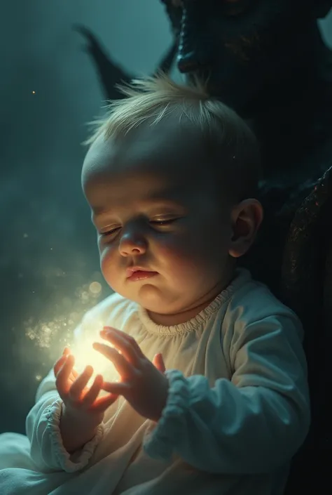 (best quality, 4k, 8k, highres, masterpiece:1.2), ultra-detailed, (realistic, photorealistic, photo-realistic:1.37), The newborn baby glowing with a soft, divine light, the devil, in a defeated posture, retreating into the shadows, the contrast between the...