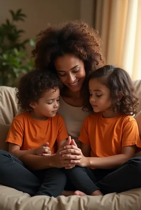 (photorealistic), a woman with (curly brown hair), serene expression, praying, sitting with two children, a boy and a girl, all wearing (black pants) and (vibrant orange t-shirts), cozy beige sofa, warm lighting creating a comforting ambiance, peaceful atm...