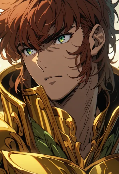 a muscular young man with short red hair, detailed green eyes, wearing a golden armor, full body detailed portrait