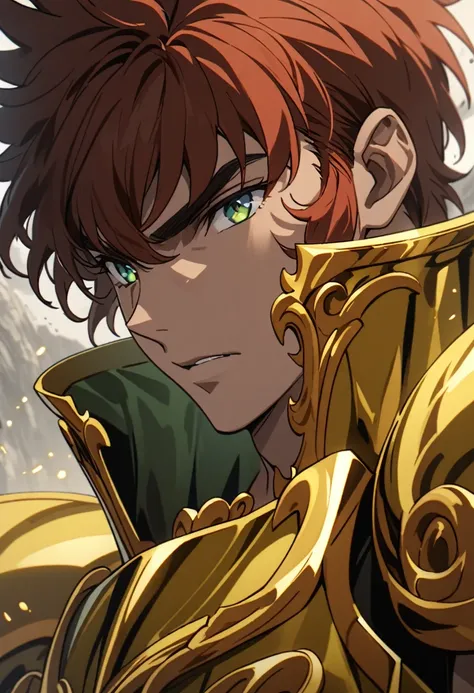 a muscular young man with short red hair, detailed green eyes, wearing a golden armor, full body detailed portrait