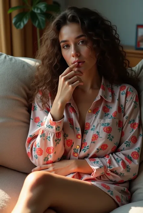 (photorealism:1.2), beautiful woman, ( colorful home clothes ), biting nails, at home, living room,  long curly hair, indoors, soft lighting, relaxed pose, realistic, intricate details, warm colors, 