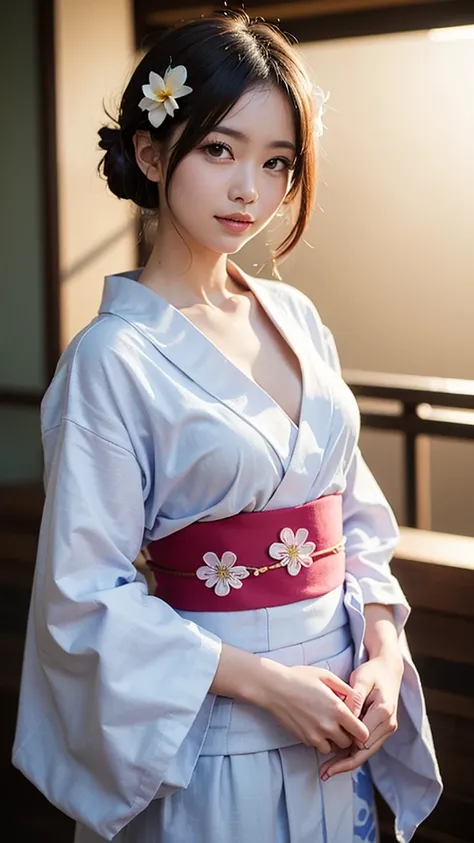 (masutepiece, Best Quality:1.4), Beautiful face, 8K, 85 mm, absurderes, (floral pattern yukata:1.4), The upper part of the body, Exposing breasts、 violaceaess, gardeniass, Delicate girl, Solo, Night, Looking at Viewer, Upper body, Film grain, chromatic abb...