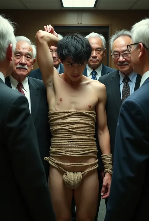 1boy、Photo Quality、Handsome Men、Mash Hair、Japanese male, 、Completely naked、Full nudity、erection、Huge penis、Highest quality、Realistic、beautiful、Sad look、 ((((Completely tied up with rope)))), ((((A very tight rope is crisscrossed over the chest)))),(((Body ...