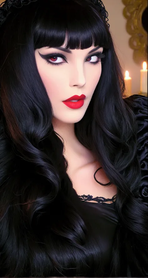 arafed woman with black hair and red lipstick posing for a picture, dark hair and makeup, long raven hair, wonderful dark hair, ...