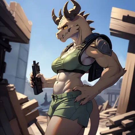 a highly detailed and intricate anime style anthro reptile girl, green scaled skin, yellow eyes, black lips, black ram horns, long tail, tall stature, anthro deathclaw from fallout, wearing a bulletproof vest, holding a rusty gun, blue shorts, (best qualit...