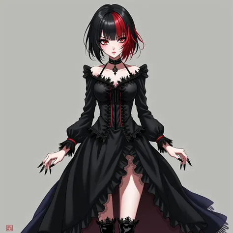 A slender woman with pale white skin wears a long black dress adorned with intricate lace and brocade details. Her long, wavy hair is either jet black or platinum blonde, with a striking red streak in her bangs. Her large, expressive eyes are accentuated w...