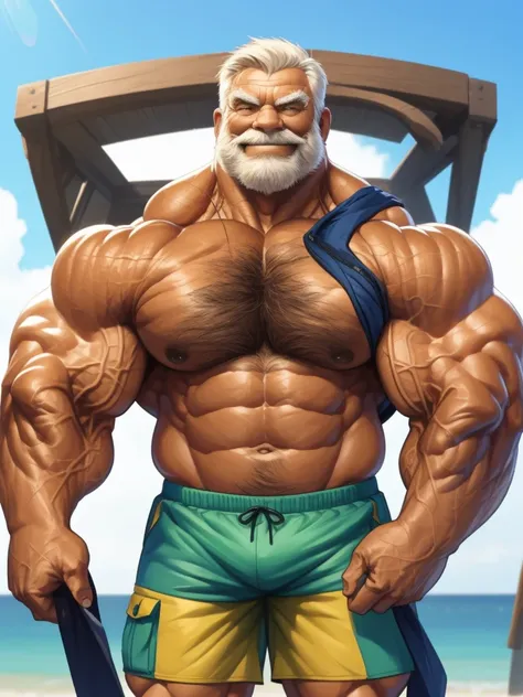 1boy, 1man, solo, gigantic, hyper detailed, (topless, shirtless, shorts cargo), well-muscled old man, bearded. ((extremely huge muscular, massive muscular, extremely muscle size, super thick arms, huge pec, hyper pec, bigger chest, extremely wide pectoral ...