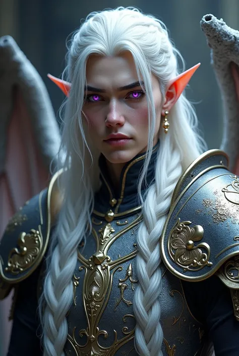 Create a demon prince with armor, that has a beautiful and delicate face, Long white hair with some braids and purple eyes 