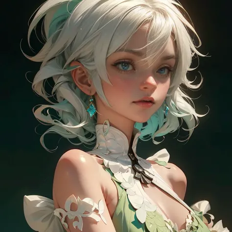 envision a 8k, highres, cinematic, beautiful close up portrait of a short girl named Cecilia Immergreen with multicolored hair, green eyes, doll joints, joints, bare shoulders, detached sleeves, hair between eyes, white hair, dressagainst a dark background