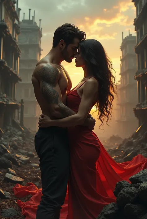 A couple having intimate encounter, apocalyptic landscape, detailed anatomy, hyperrealistic, photorealistic, cinematic lighting, vibrant colors, dramatic composition, dramatic mood, cinematic, epic scale, intricate details, masterpiece, best quality, sex