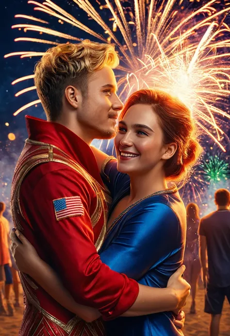 (((high quality:1.2))), Work of art, (8k), extremely detailed, ((High detail:1.2)) ((best resolution)), 2 people, ((Elenc The Boys, Homelander hugging Firecracker woman)), 