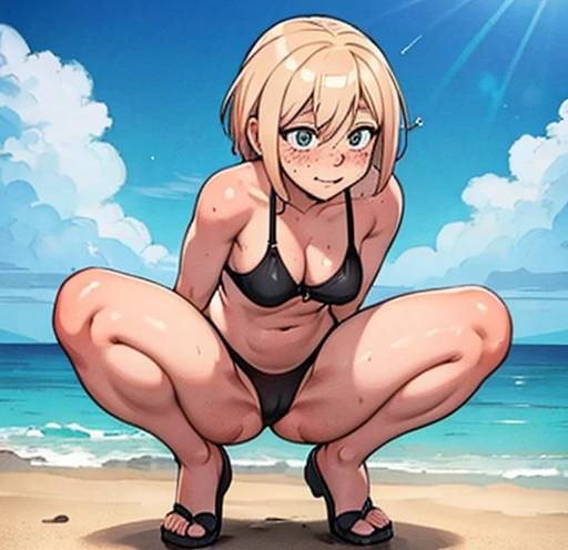 Sexy shy blushing girl in tight sexy thong on the beach wet all over her body short blonde colored hair full body with freckles doing sexy pose with legs open squatting