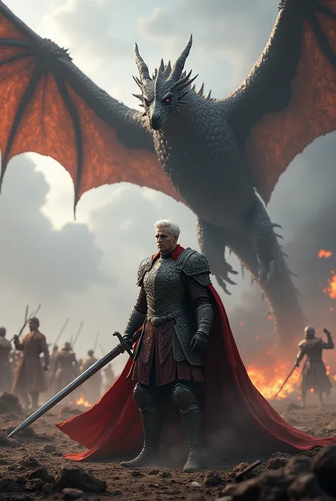 Make a detailed image of *aegon targaryen*, a white-haired, purple-eyed warrior, on battlefield, with his dragon flying in the sky. With your name written below the image 