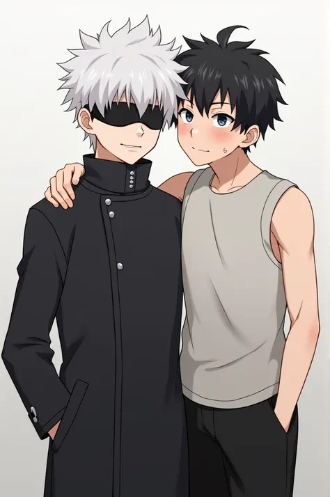 Create an anime-style image featuring Gojo Satoru and Toji Fushiguro from Jujutsu Kaisen standing together as friends. Gojo should have his iconic white hair, blindfold covering his eyes, and be wearing a black high-collared jacket. He has a calm and confi...