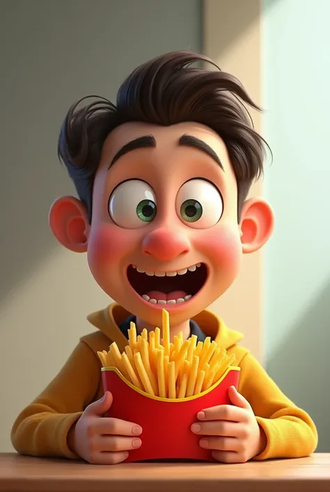 Pixar man with thin eyes, normal eyes, eating French fries 
