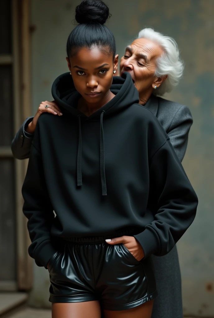 black woman hair in a bun black hoodie shiny black leather short shorts pockets in shock as a old grandma in a dress on her knees kissing her ass behind her hand is in her ass holding her ass 