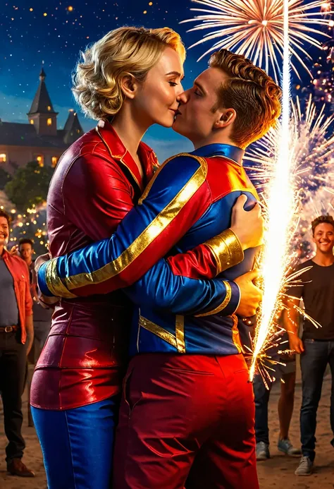 (((high quality:1.2))), Work of art, (8k), extremely detailed, ((High detail:1.2)) ((best resolution)), 2 people, ((Elenc The Boys, Homelander hugging Firecracker woman)), 