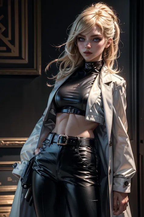 cowboy shot,a pretty 2 girl,blond hair,blue eyes,lora_Emma,slim athletic body,tight and stretched white blouse with buttons,button gap,short sleeves,pokies,ultra low rise black shiny latex pants,(double metal belt),empty studiobackground,((black coat on sh...