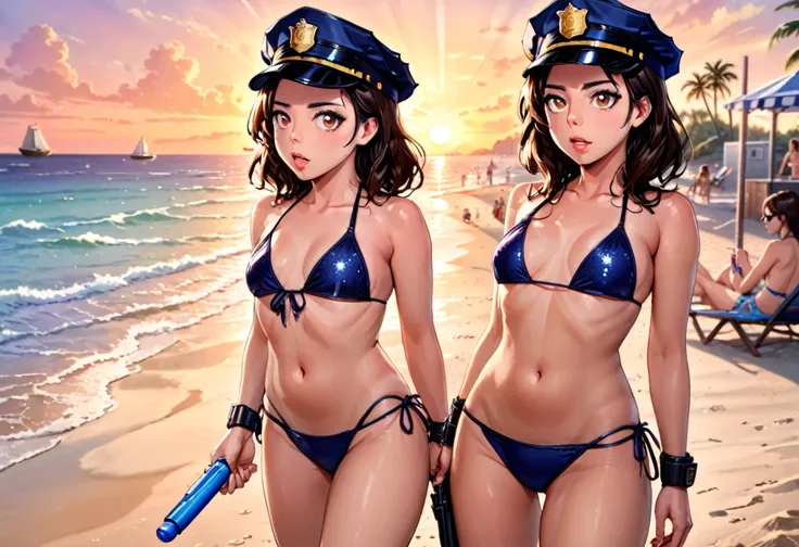 sexy cop (Aubrey plaza, age 20, police bikini, erotic handcuff, dildo in holster, police hat) she is patrolling a beach of sexy lesbians, near sunset
