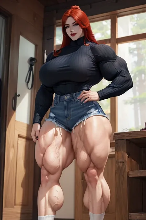 (((((Massive tall beautiful, buff, pale white skinned muscular asian woman with red hair, black lipstick, ginormous bulky muscles and wearing a red long sleeve turtleneck sweater and beautiful denim shorts))))), ((close view)), (massive muscles), massive b...