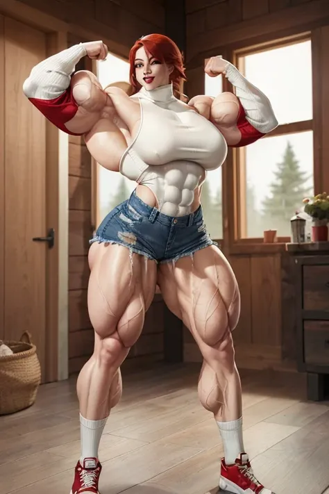 (((((Massive tall beautiful, buff, pale white skinned muscular asian woman with red hair, black lipstick, ginormous bulky muscles, flexing in a red long sleeve turtleneck sweater and beautiful denim shorts))))), ((close view)), massive muscles, massive bic...